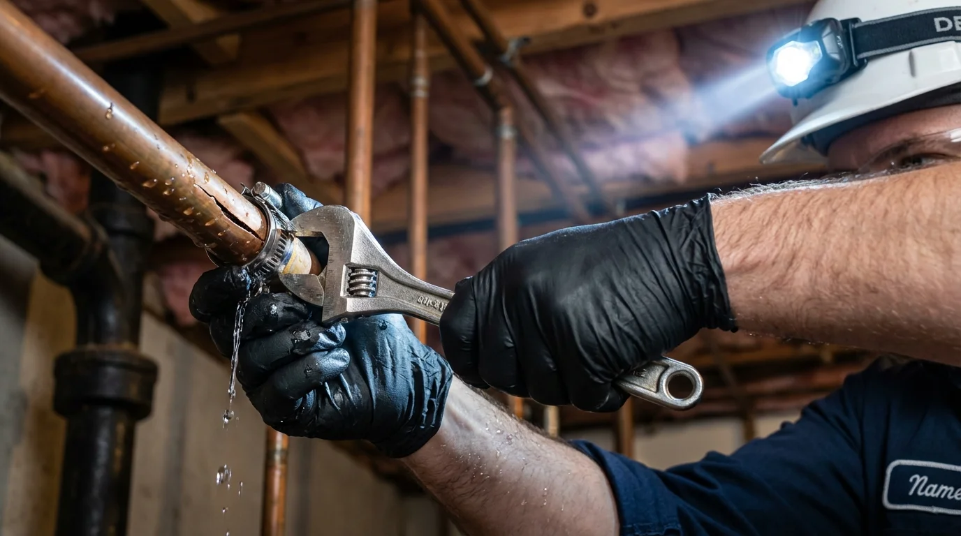 Emergency pipe clamp repair being performed by a Johns Plumbing LLC plumber in Walbridge
