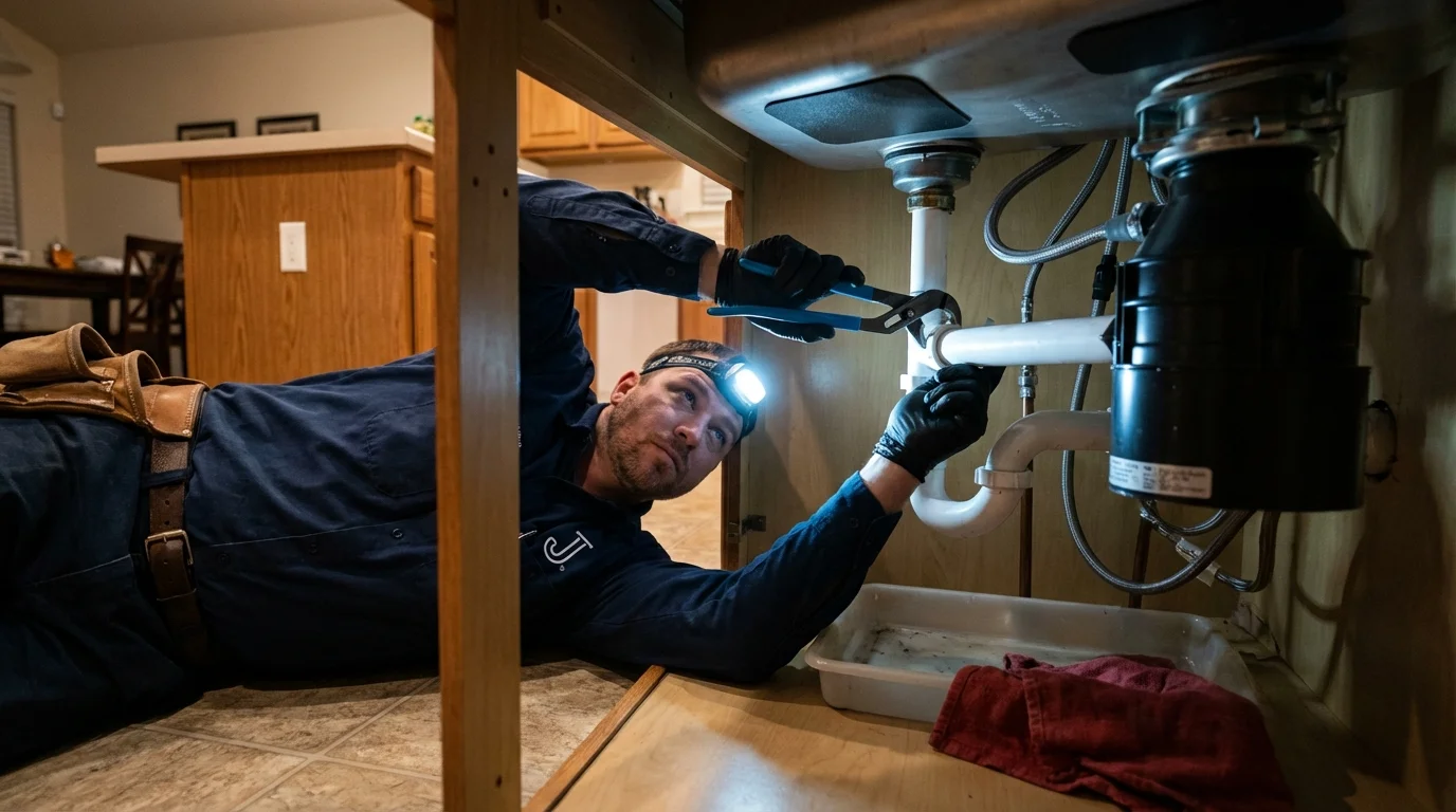 P-trap and supply line connections under a kitchen sink showing a common leak point in Walbridge, OH